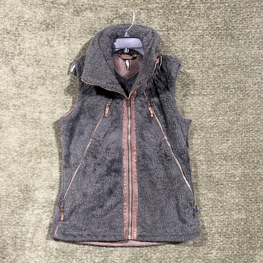 Kuhl Flight Vest Women Medium Charcoal Gray Fleece Full Zip Stowaway Hood 2056